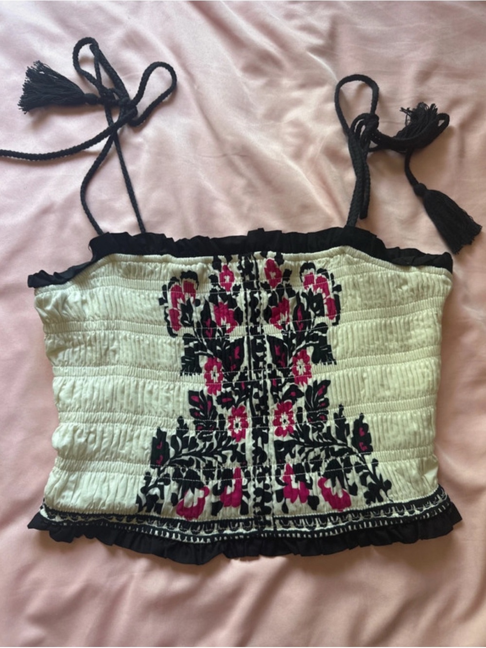 Blue Rain Black & Cream Smocked Embroidered Floral Cami